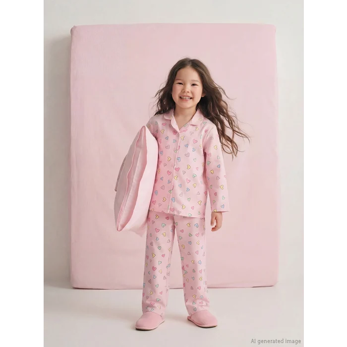 LCW Kids Pembe Gömlek Yaka Kalp Baskılı Kız Çocuk Pijama Takım