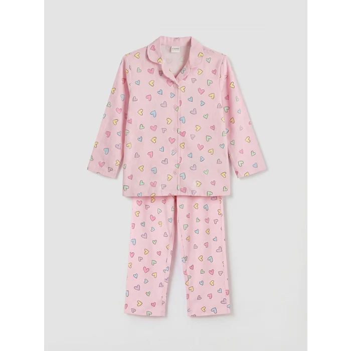 LCW Kids Pembe Gömlek Yaka Kalp Baskılı Kız Çocuk Pijama Takım