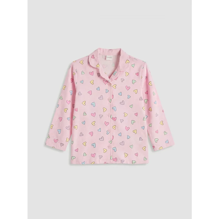 LCW Kids Pembe Gömlek Yaka Kalp Baskılı Kız Çocuk Pijama Takım