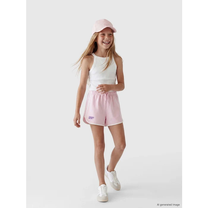 LCW Kids Pembe Yan Şeritli Baskılı Kız Çocuk Şort