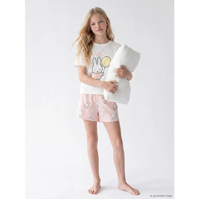 LCW Kids Ekru Miffy Baskılı Kız Çocuk Şortlu Pijama Takımı