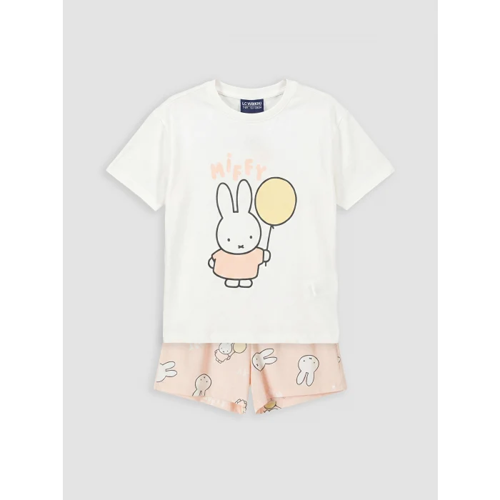 LCW Kids Ekru Miffy Baskılı Kız Çocuk Şortlu Pijama Takımı