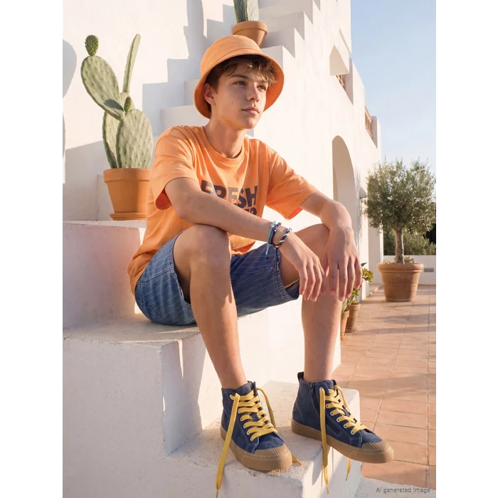 LCW Kids İndigo Beli Lastikli Çizgili Erkek Çocuk Jean Şort