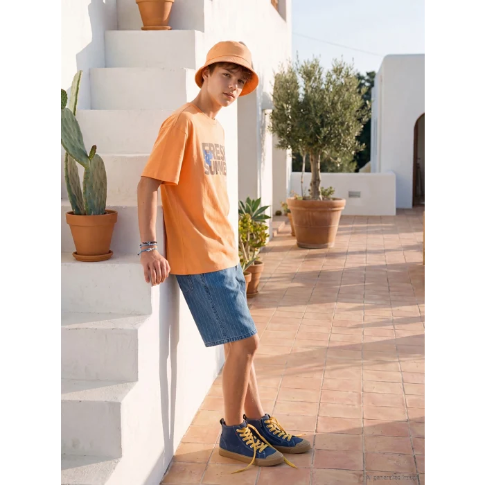 LCW Kids İndigo Beli Lastikli Çizgili Erkek Çocuk Jean Şort