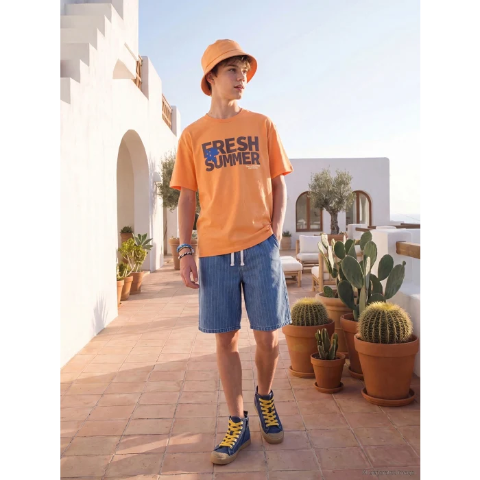 LCW Kids İndigo Beli Lastikli Çizgili Erkek Çocuk Jean Şort