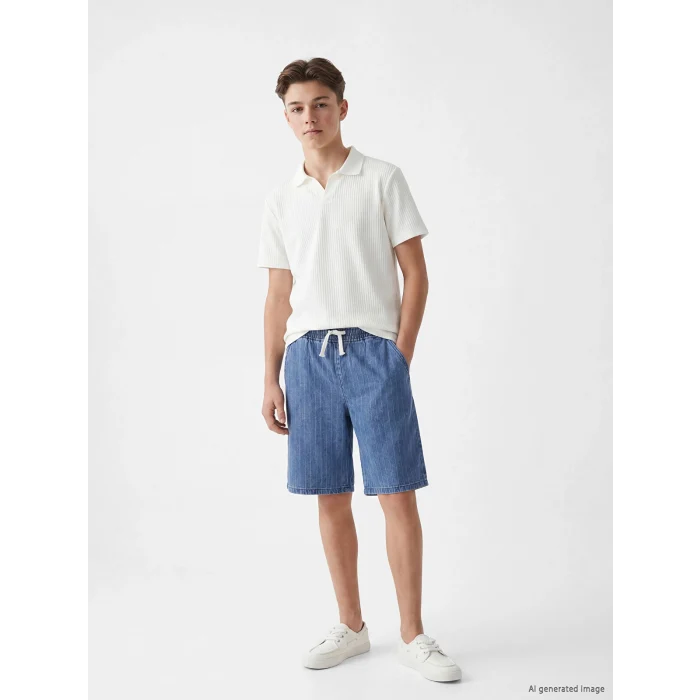 LCW Kids İndigo Beli Lastikli Çizgili Erkek Çocuk Jean Şort