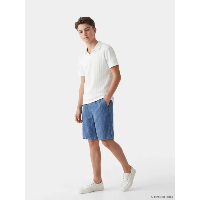 LCW Kids İndigo Beli Lastikli Çizgili Erkek Çocuk Jean Şort