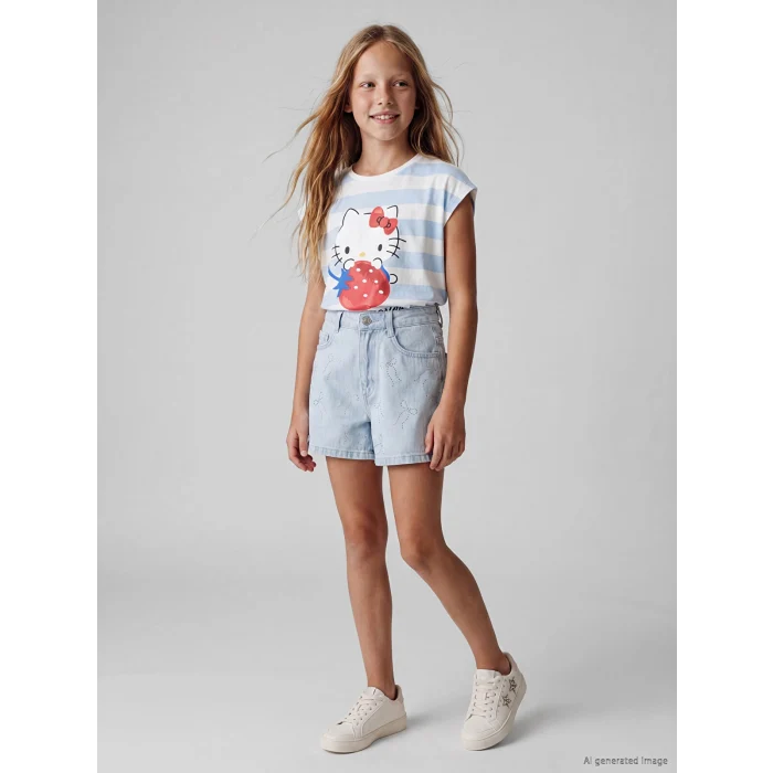 LCW Kids İndigo Taş İşlemeli Fiyonk Desenli Kız Çocuk Jean Şort