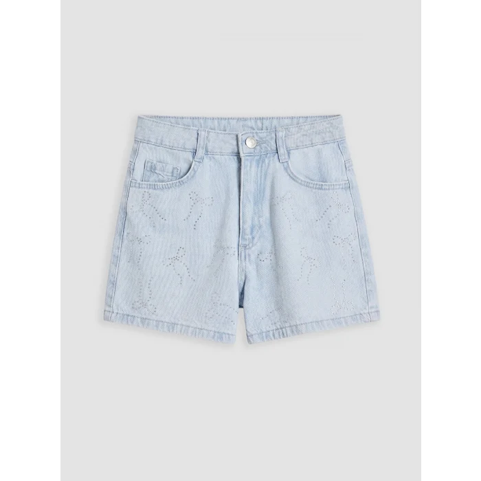 LCW Kids İndigo Taş İşlemeli Fiyonk Desenli Kız Çocuk Jean Şort