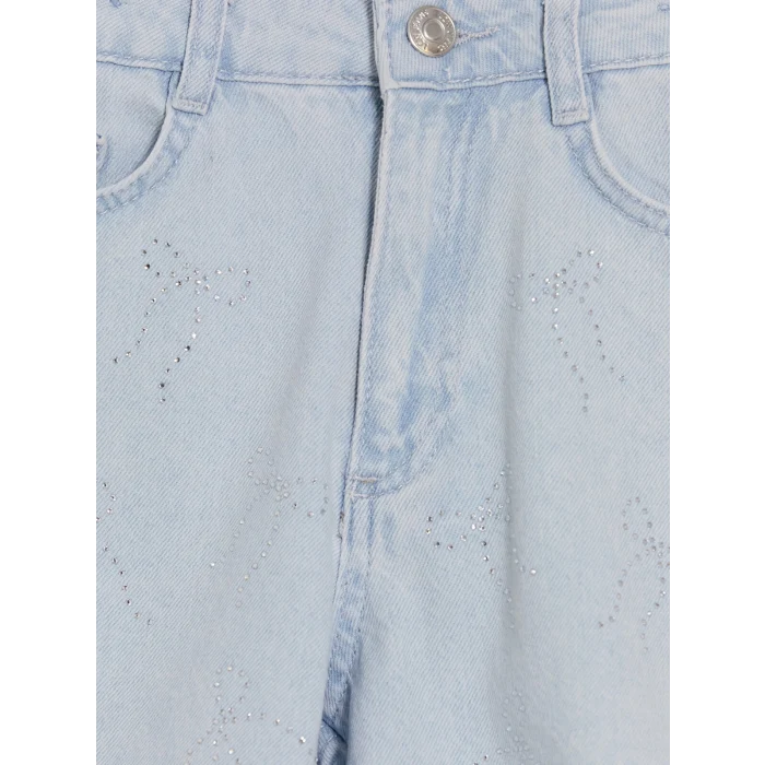 LCW Kids İndigo Taş İşlemeli Fiyonk Desenli Kız Çocuk Jean Şort
