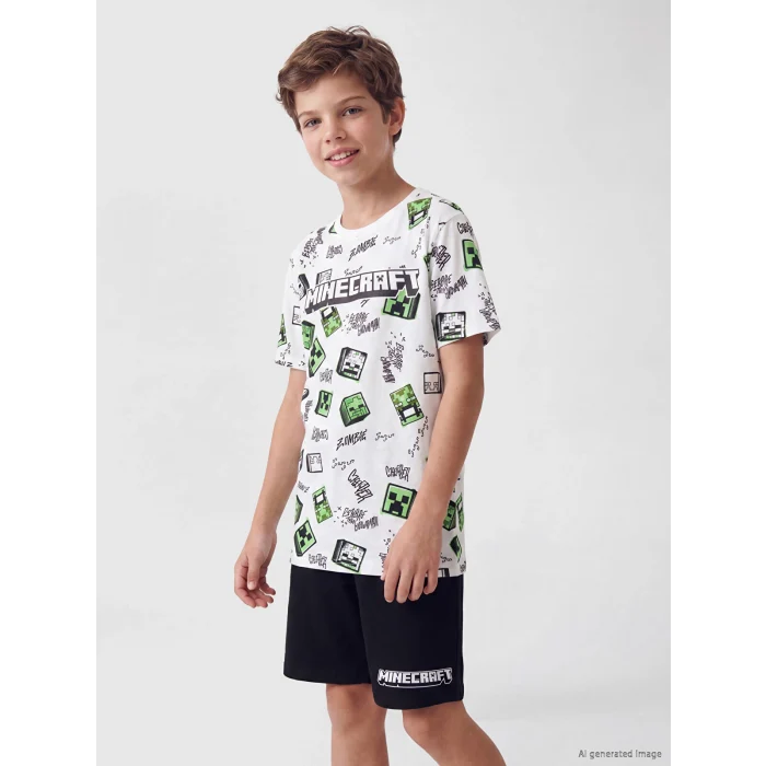 LCW Kids Ekru Minecraft Baskılı Erkek Çocuk Şortlu Pijama Takımı