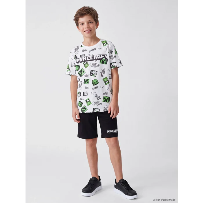LCW Kids Ekru Minecraft Baskılı Erkek Çocuk Şortlu Pijama Takımı
