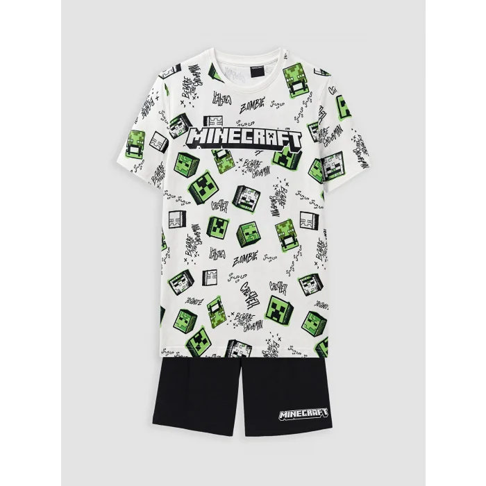 LCW Kids Ekru Minecraft Baskılı Erkek Çocuk Şortlu Pijama Takımı