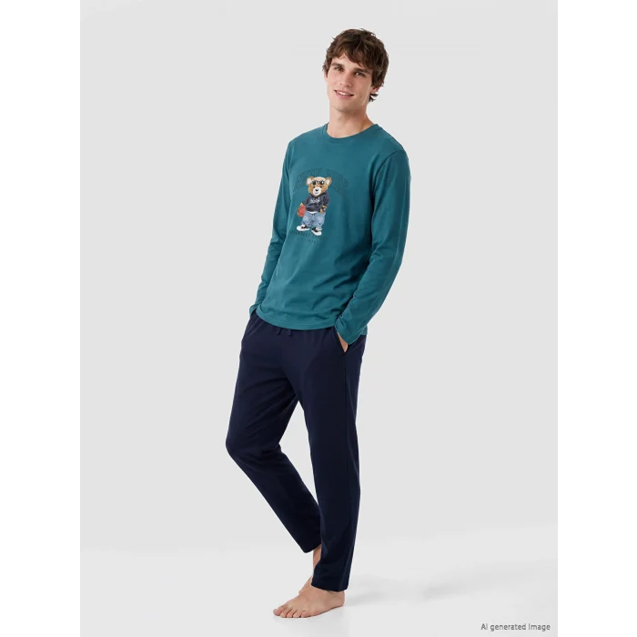 LC WAIKIKI Petrol Regular Fit Teddy Baskılı Erkek Pijama Takımı