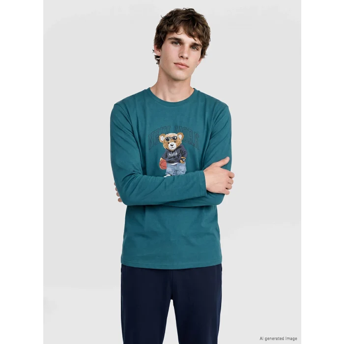 LC WAIKIKI Petrol Regular Fit Teddy Baskılı Erkek Pijama Takımı