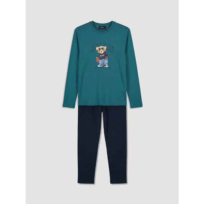 LC WAIKIKI Petrol Regular Fit Teddy Baskılı Erkek Pijama Takımı
