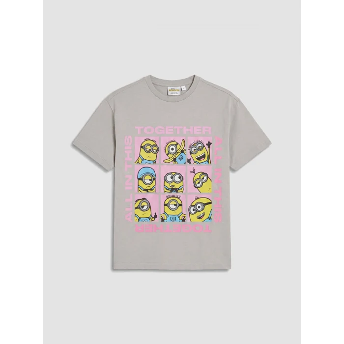 LCW Kids Gri Bisiklet Yaka Minions Baskılı Kız Çocuk Tişört