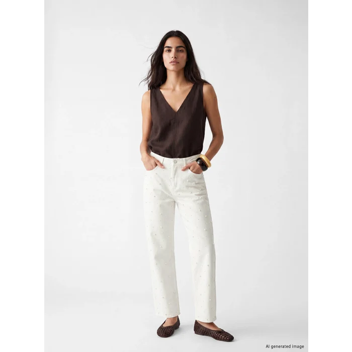 LCW Jeans Beyaz Straight Fit İnci İşlemeli Kadın Jean Pantolon