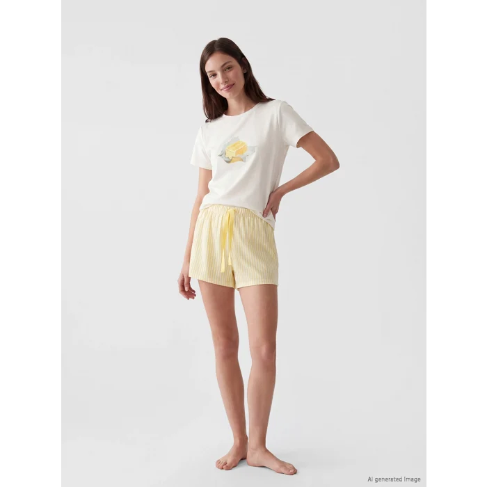 LCW Young Sarı Bisiklet Yaka Kadın Şortlu Pijama Takımı