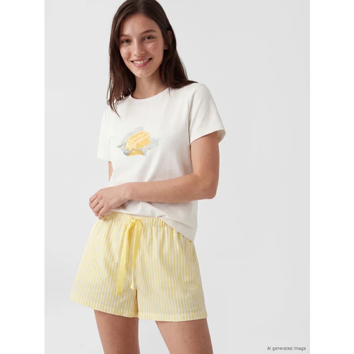 LCW Young Sarı Bisiklet Yaka Kadın Şortlu Pijama Takımı