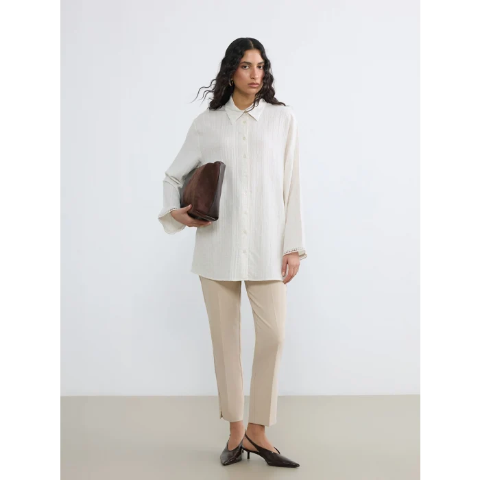LCW Modest Ekru Dokulu Keten Karışımlı Kadın Gömlek Tunik