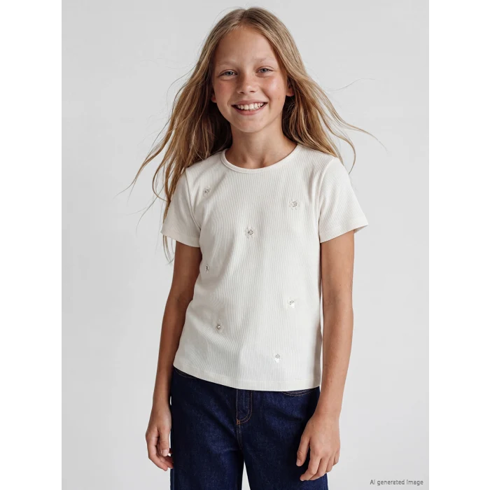 LCW Kids Ekru Pul İşlemeli Kız Çocuk Tişört