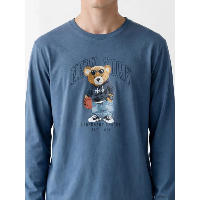 LC WAIKIKI İndigo Regular Fit Teddy Baskılı Erkek Pijama Takımı