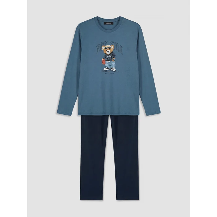 LC WAIKIKI İndigo Regular Fit Teddy Baskılı Erkek Pijama Takımı