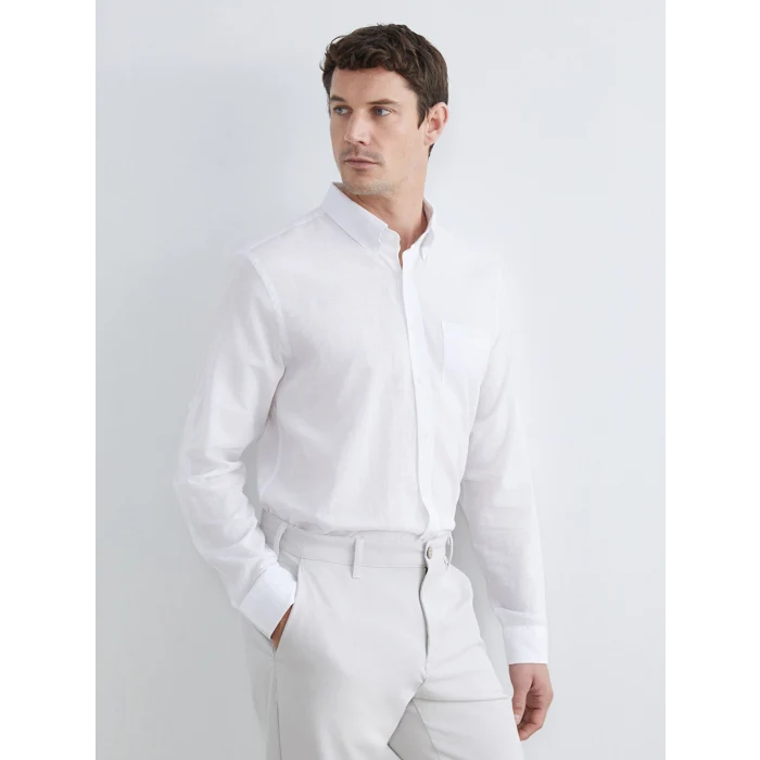 LCWAIKIKI Classic Beyaz Regular Fit Keten Karışımlı Erkek Basic Gömlek