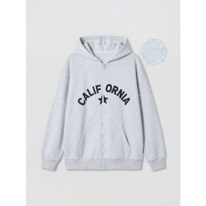LCW Kids Gri Kapüşonlu Baskılı Kız Çocuk Fermuarlı Sweatshirt