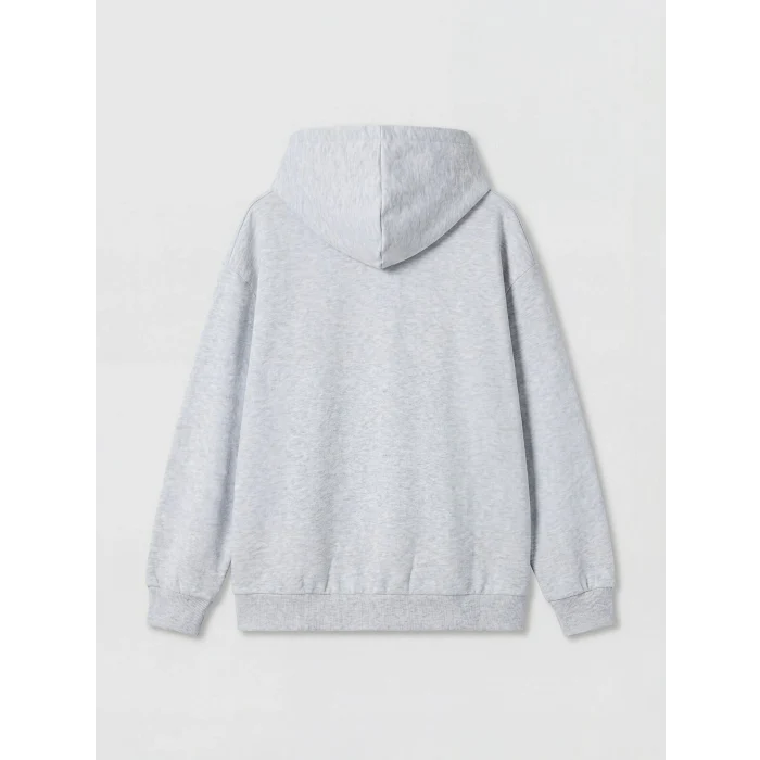 LCW Kids Gri Kapüşonlu Baskılı Kız Çocuk Fermuarlı Sweatshirt
