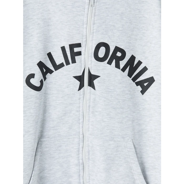 LCW Kids Gri Kapüşonlu Baskılı Kız Çocuk Fermuarlı Sweatshirt