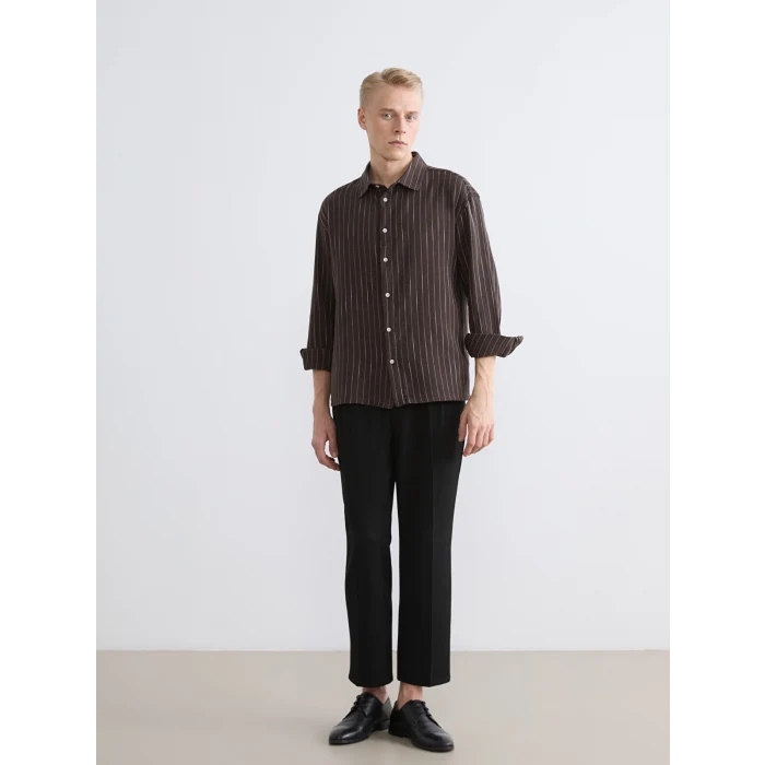 LCW Vision Kahverengi Regular Fit Çizgili Erkek Müslin Gömlek