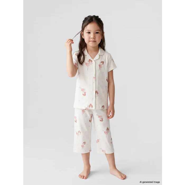 LCW Kids Ekru Gömlek Yaka Kız Çocuk Kaprili Pijama Takımı