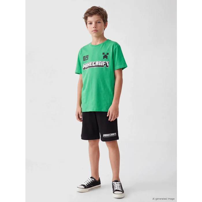 LCW Kids Yeşil Minecraft Baskılı Erkek Çocuk Şortlu Pijama Takımı