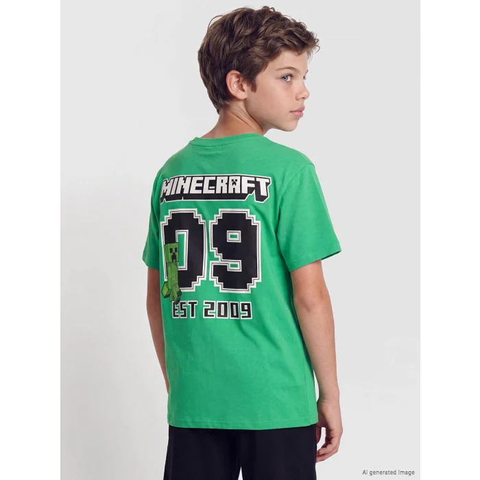 LCW Kids Yeşil Minecraft Baskılı Erkek Çocuk Şortlu Pijama Takımı