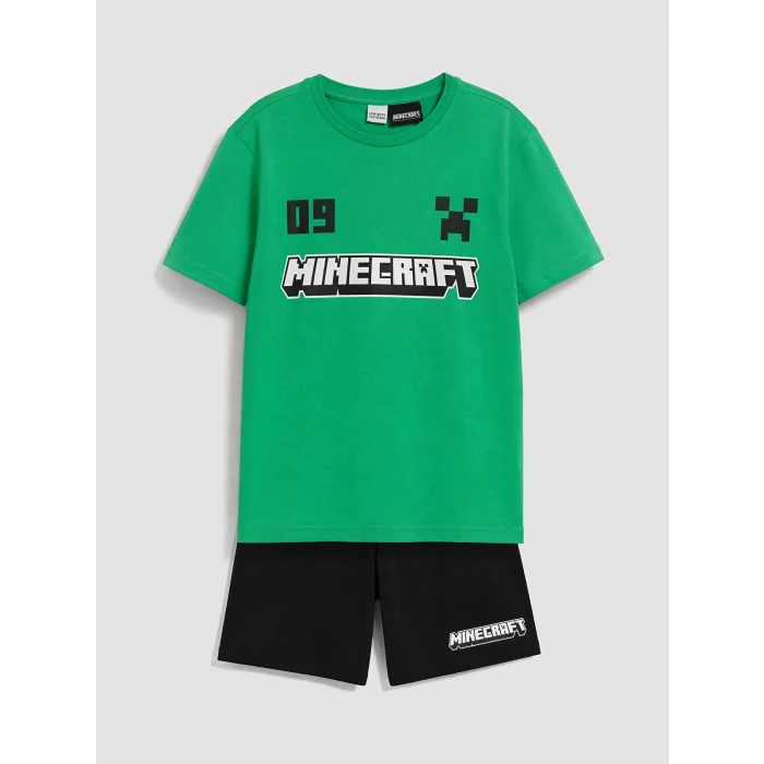 LCW Kids Yeşil Minecraft Baskılı Erkek Çocuk Şortlu Pijama Takımı