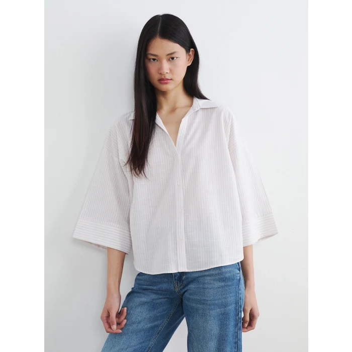 LCW Vision Bej Çizgili Oversize Poplin Kadın Gömlek