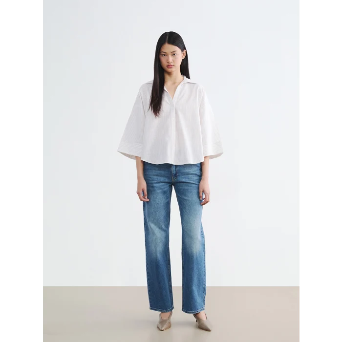 LCW Vision Bej Çizgili Oversize Poplin Kadın Gömlek