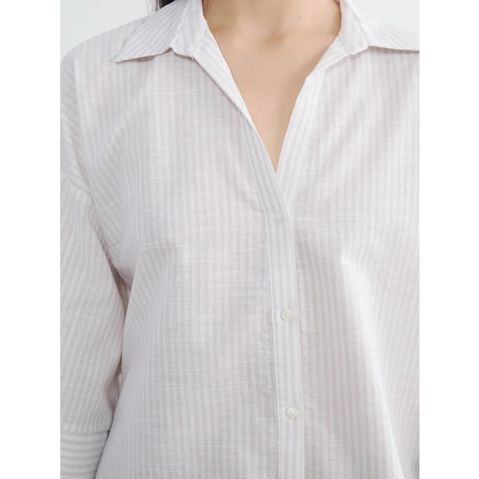 LCW Vision Bej Çizgili Oversize Poplin Kadın Gömlek