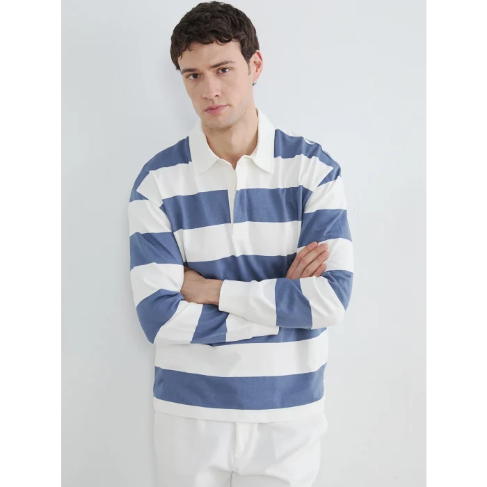 LCW Vision Mavi Polo Yaka Çizgili Erkek Sweatshirt