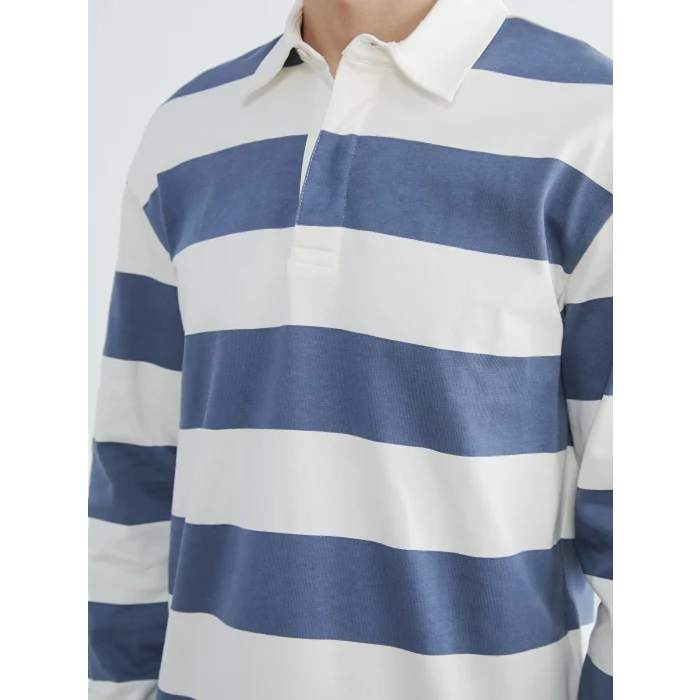 LCW Vision Mavi Polo Yaka Çizgili Erkek Sweatshirt