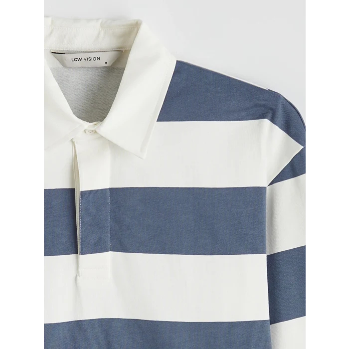 LCW Vision Mavi Polo Yaka Çizgili Erkek Sweatshirt