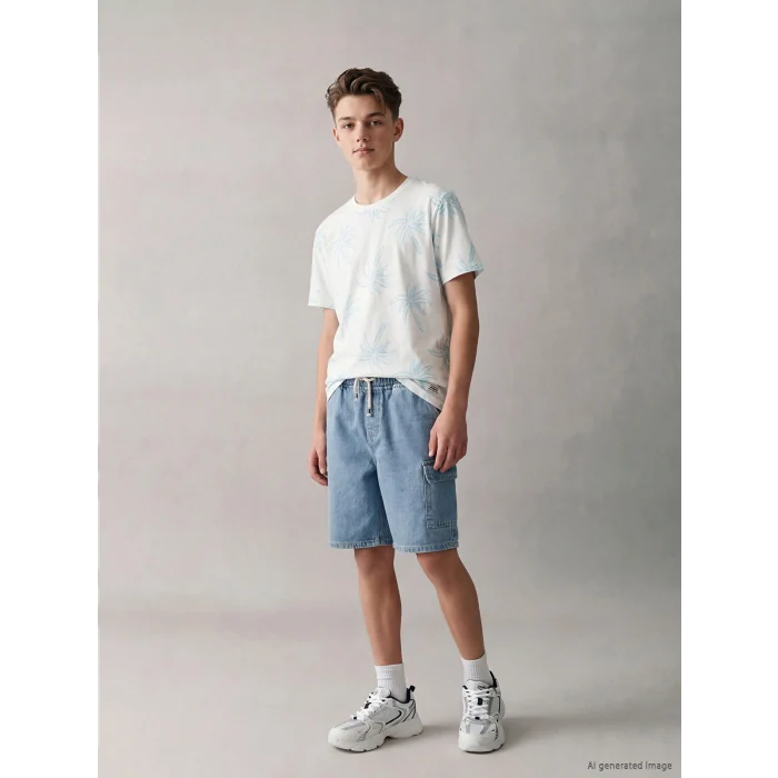 LCW Kids İndigo Beli Lastikli Erkek Çocuk Kargo Jean Şort