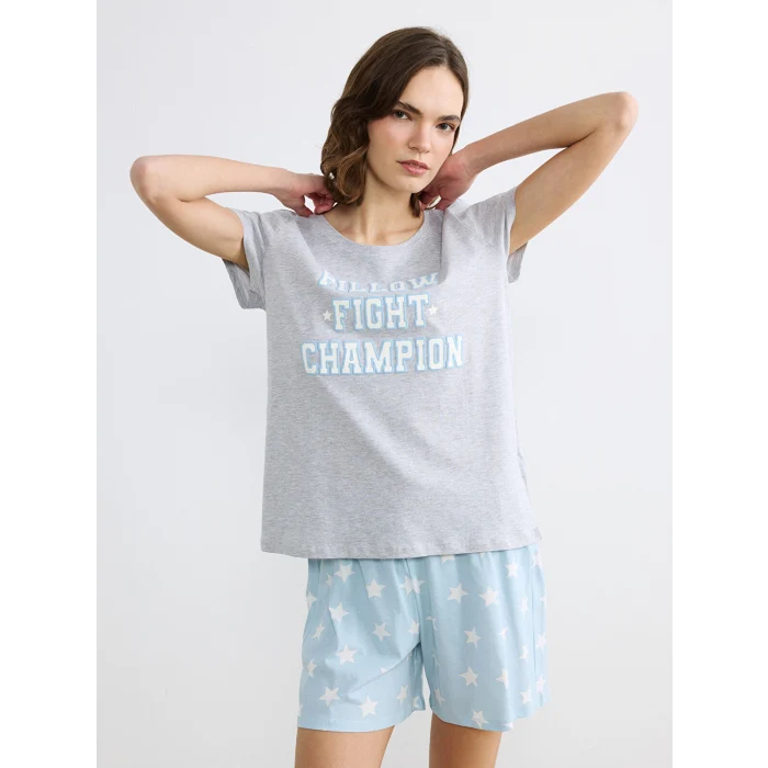 LCW DREAM Mavi Bisiklet Yaka Baskılı Kadın Şortlu Pijama Takımı