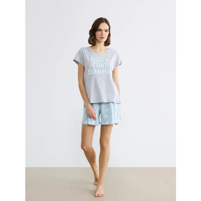LCW DREAM Mavi Bisiklet Yaka Baskılı Kadın Şortlu Pijama Takımı