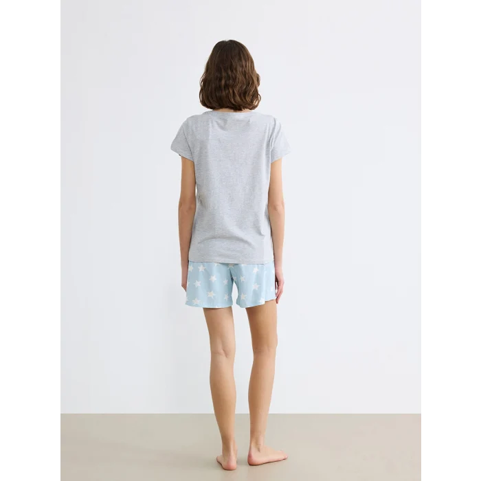 LCW DREAM Mavi Bisiklet Yaka Baskılı Kadın Şortlu Pijama Takımı