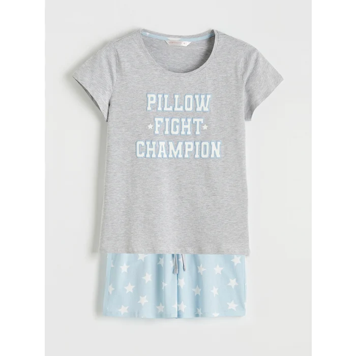LCW DREAM Mavi Bisiklet Yaka Baskılı Kadın Şortlu Pijama Takımı