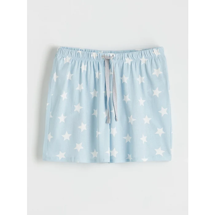 LCW DREAM Mavi Bisiklet Yaka Baskılı Kadın Şortlu Pijama Takımı