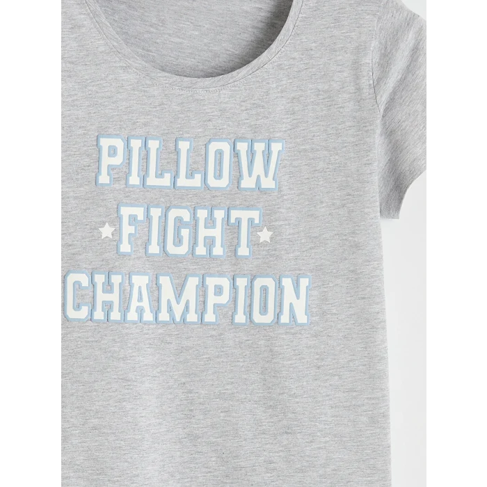 LCW DREAM Mavi Bisiklet Yaka Baskılı Kadın Şortlu Pijama Takımı